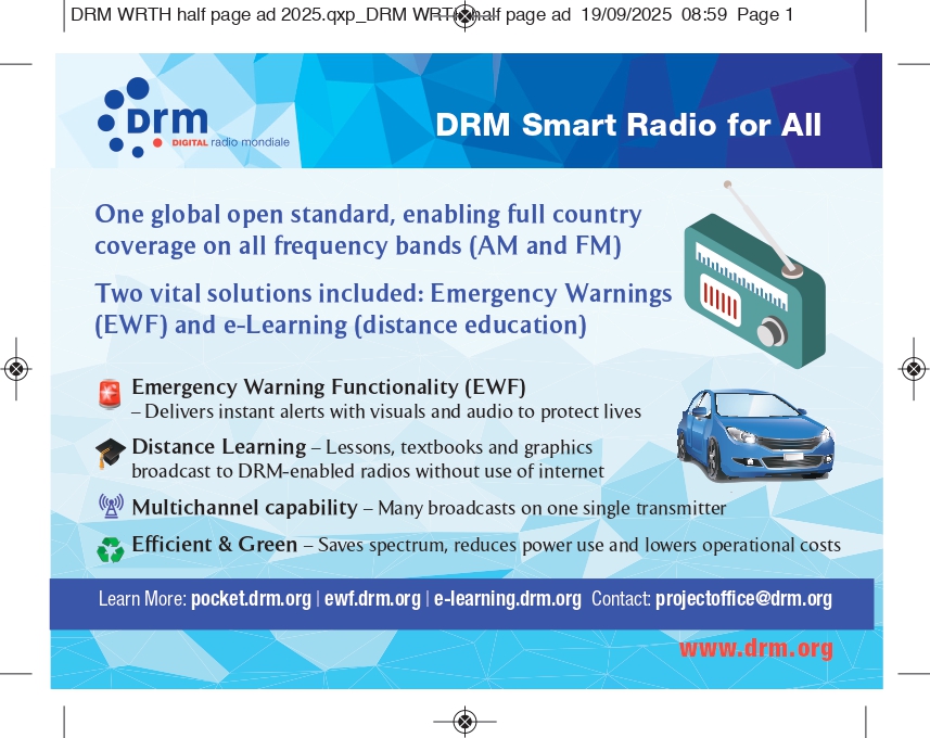 WRTH Advertising promoting DRM Smart Radio technology for digital broadcasting, emergency warnings, and distance learning