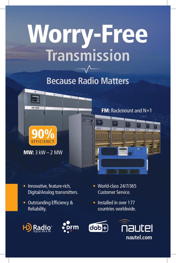 WRTH Advertising featuring Nautel radio transmitters for FM, AM, DRM, and DAB broadcasting with high-efficiency transmission solutions