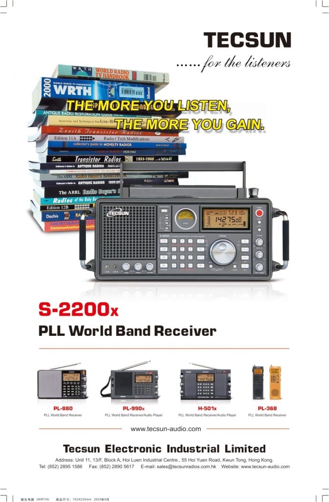 WRTH Advertising featuring Tecsun S-2200x world band receiver for shortwave listening, international radio reception, and DXing