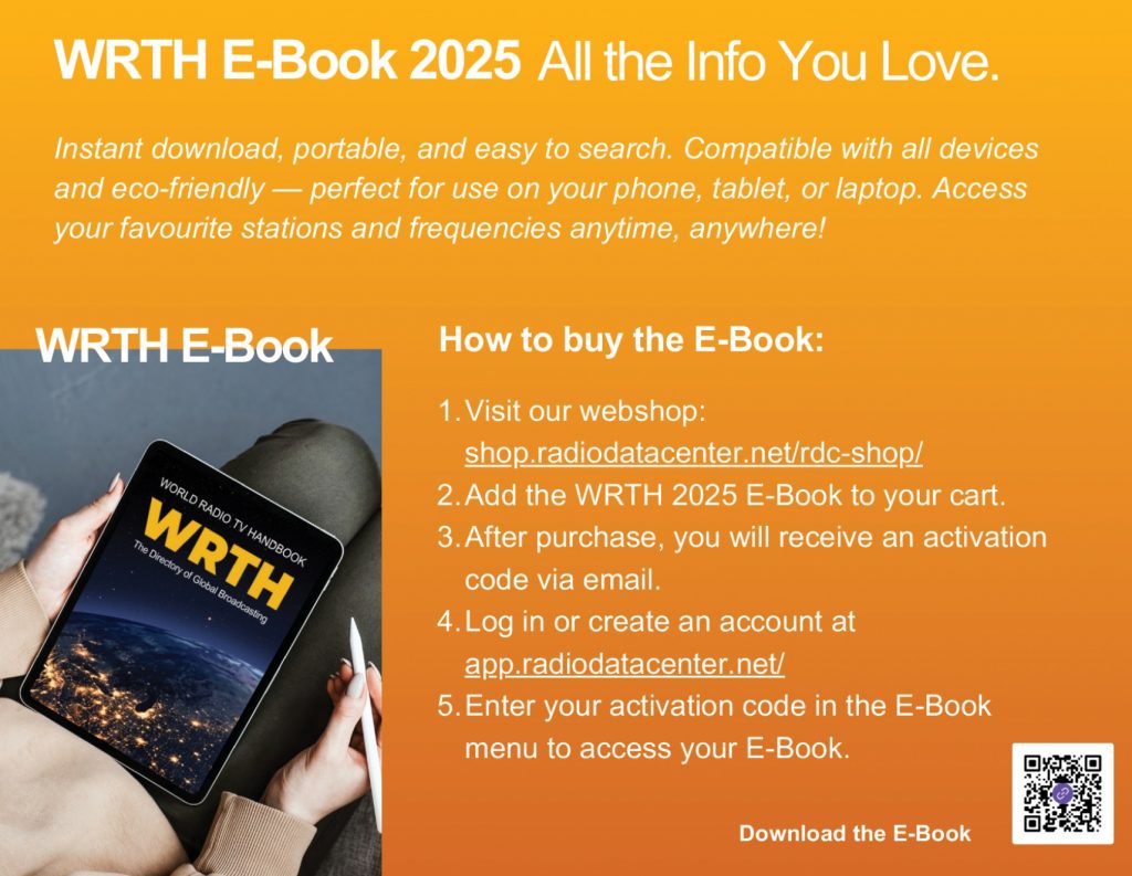 WRTH Advertising featuring the WRTH 2025 E-Book, a portable digital broadcasting guide with global station listings and instant download access