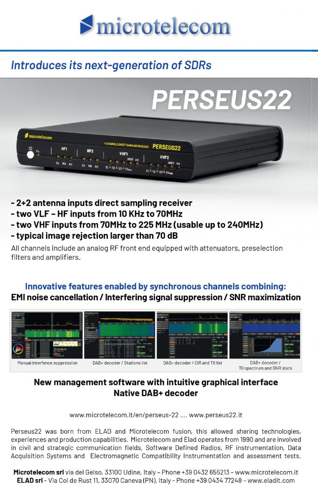 WRTH Advertising featuring the Microtelecom PERSEUS22 SDR receiver for advanced radio monitoring, signal analysis, and DAB+ decoding