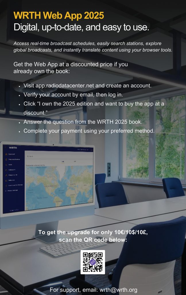 WRTH Advertising featuring the WRTH Web App 2025 with real-time broadcast schedules, station search, and global broadcasting information