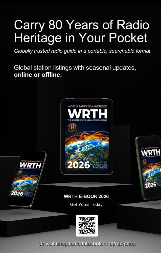 WRTH Advertising promoting the WRTH 2026 E-book with searchable global station listings and offline access