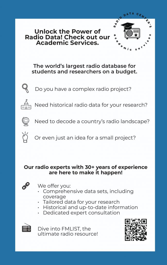 WRTH Advertising academic services promotion featuring radio research data, historical broadcasting information, and expert consultation services