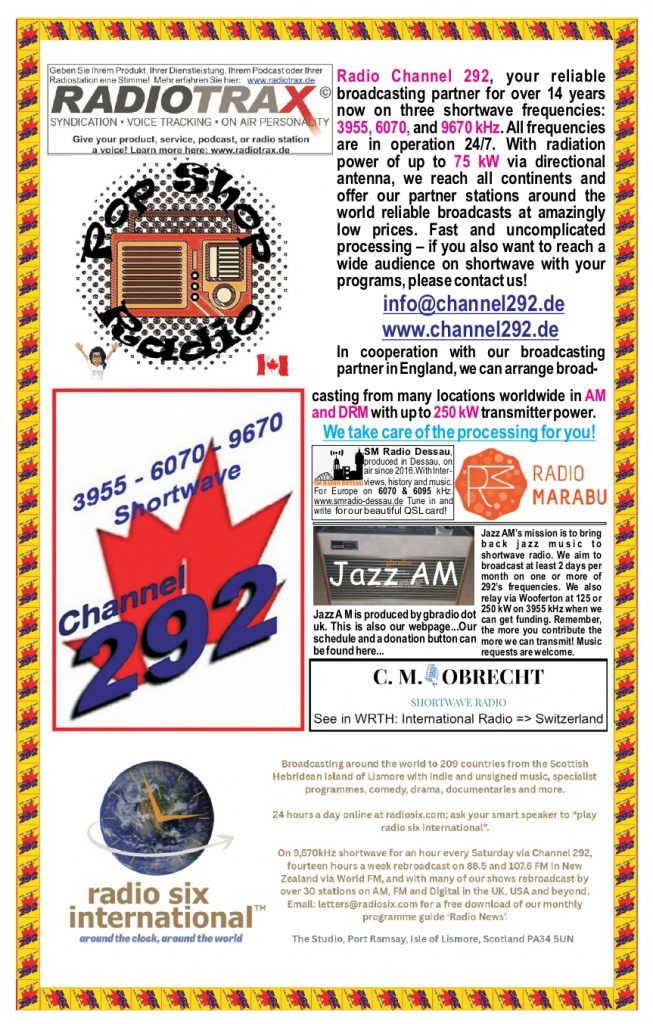 WRTH Advertising featuring Channel 292 shortwave radio broadcasting services, Radio Six International, and international radio partner