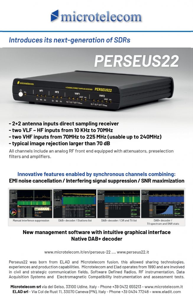 WRTH Advertising featuring the Microtelecom PERSEUS22 SDR receiver for advanced radio monitoring and signal analysis