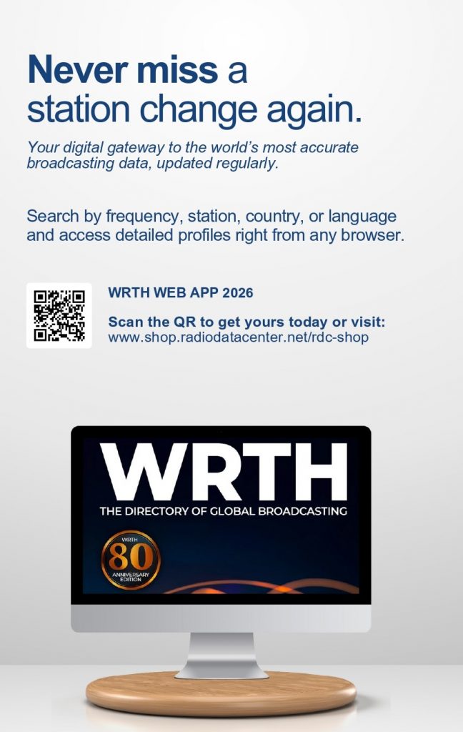 WRTH Advertising promoting the WRTH Web App 2026 with searchable global broadcasting data, station listings, and browser access