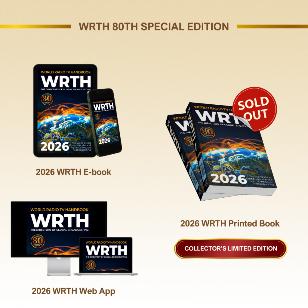 WRTH 2026 Edition showing the E-book, Web App, and Printed Book for the 80th Anniversary World Radio TV Handbook